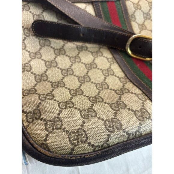 Vtg GUCCI Shoulder Bag Sherry Line GG Canvas Brown Leather Unisex - Picture 7 of 8